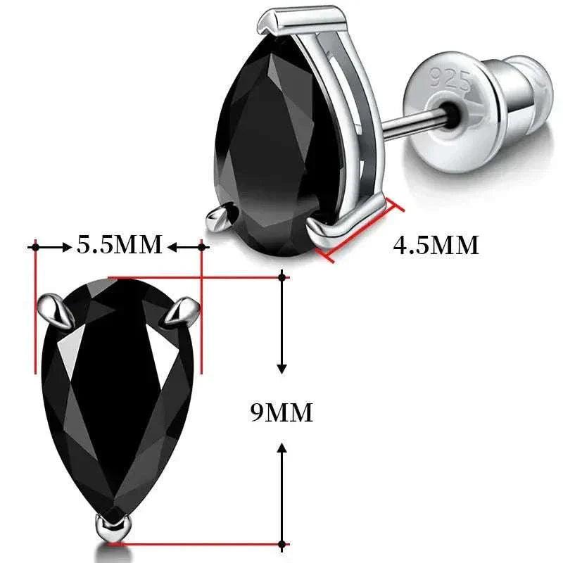 Timeless Moissanite Sterling Silver Stud Earrings showcasing pear-cut black moissanite with dimensions labeled in front and side view.